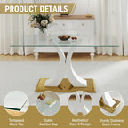 7 Pieces Modern Luxury Glass Dining Set, Large Minimalist Rectangle Dinner Set for 6, 63'' Clear Glass Top Kitchen Table Set with White & Gold Base, Black Dining Chairs, for Apartment