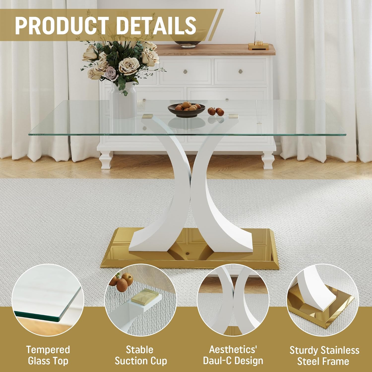 7 Pieces Modern Luxury Glass Dining Set, Large Minimalist Rectangle Dinner Set for 6, 63'' Clear Glass Top Kitchen Table Set with White & Gold Base, Black Dining Chairs, for Apartment