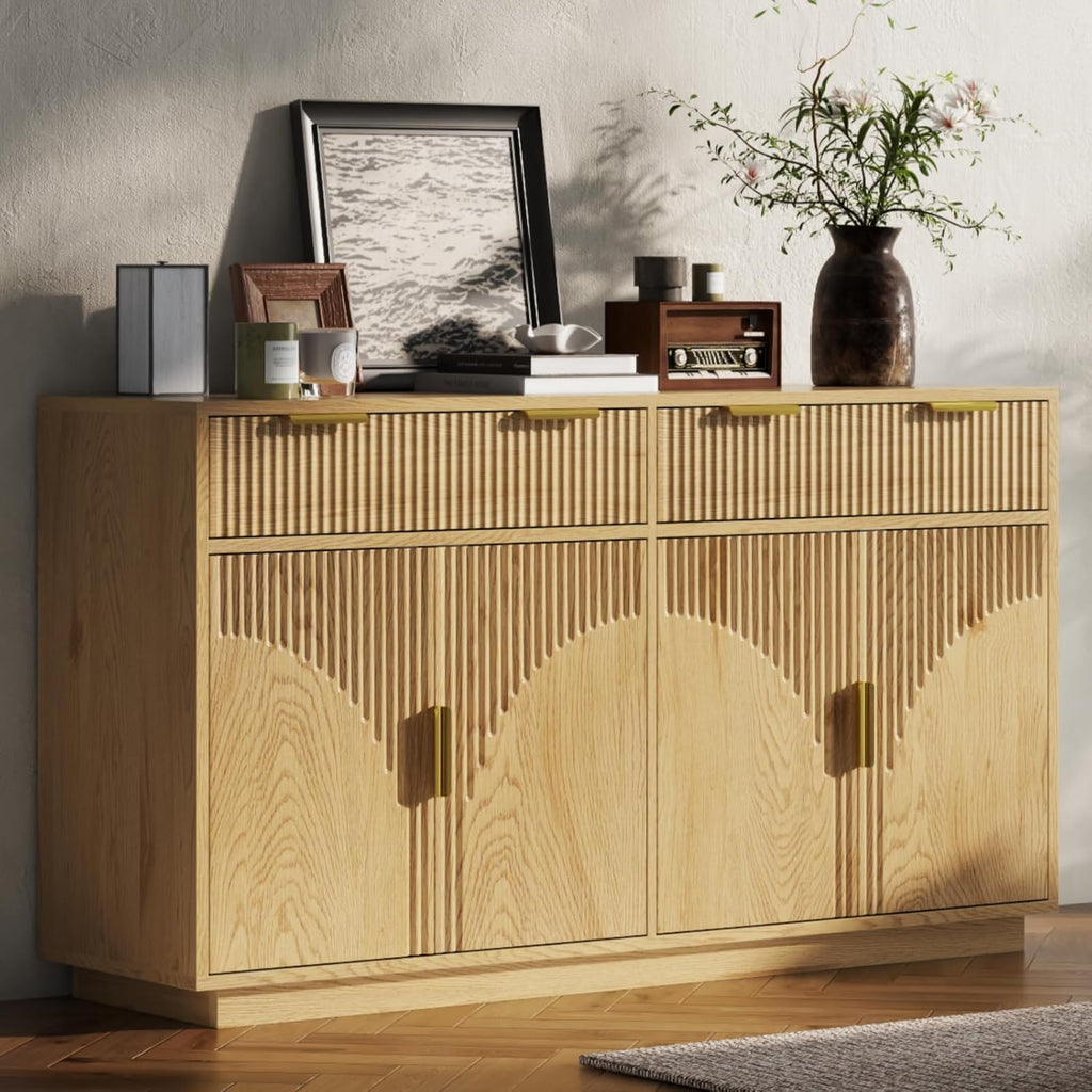 Fluted Sideboard Buffet Cabinet with Storage & 2 Drawers, Modern Buffet Table with Arched Design Doors & Adjustable Shelves, Wooden Accent Cabinet Coffee Bar fo Kitchen, Living Room (1Pc, Natural)