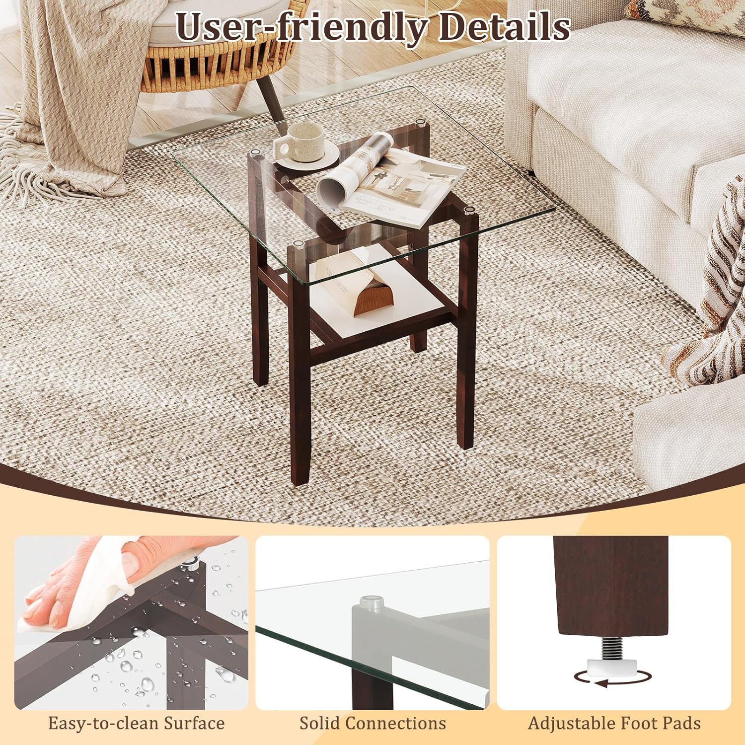 Giantex Glass End Table Set of 2, 24" Square Side Tables with Storage Shelf & Rubber Wood Frame, Small Coffee Table for Living Room, Mid Century Modern Nightstands for Bedroom