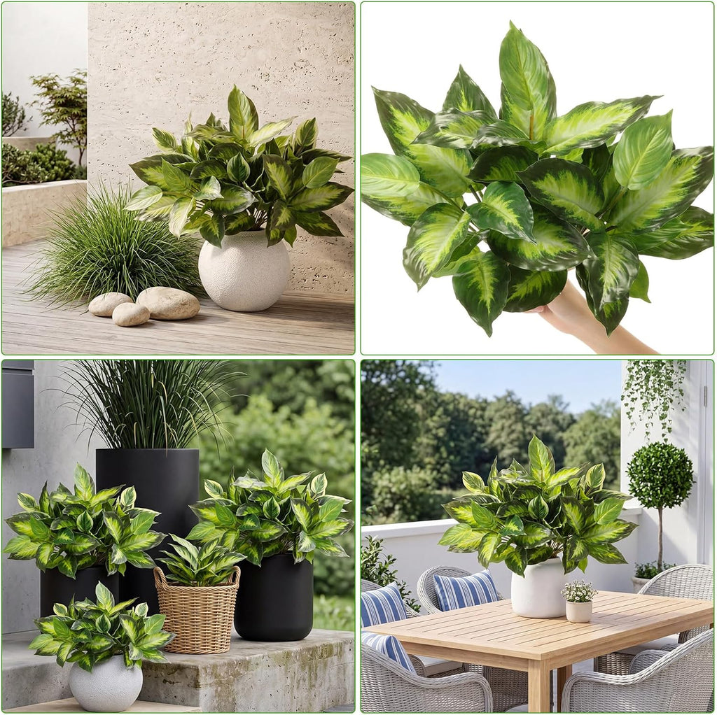 Hotop Variegated Hosta Artificial Plant for Summer Outdoor Decoration Faux Green Dieffenbachia Plant Lifelike Tropical Houseplant Bush Stems for Home Office Indoor Yard Planter Filler(12 Pack)