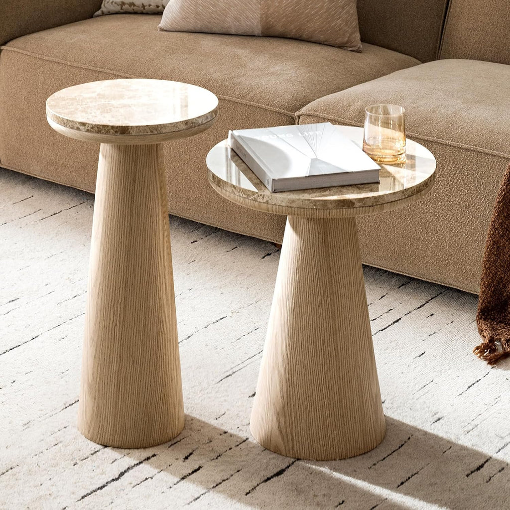 HULALA HOME Nesting End Tables Set of 2, Modern Side Tables with Genuine Marble Top and Oak Veneer Cone-Shaped Base, Sculptural Pedestal Accent Tables for Living Room and Bedroom, Oak