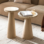 HULALA HOME Nesting End Tables Set of 2, Modern Side Tables with Genuine Marble Top and Oak Veneer Cone-Shaped Base, Sculptural Pedestal Accent Tables for Living Room and Bedroom, Oak