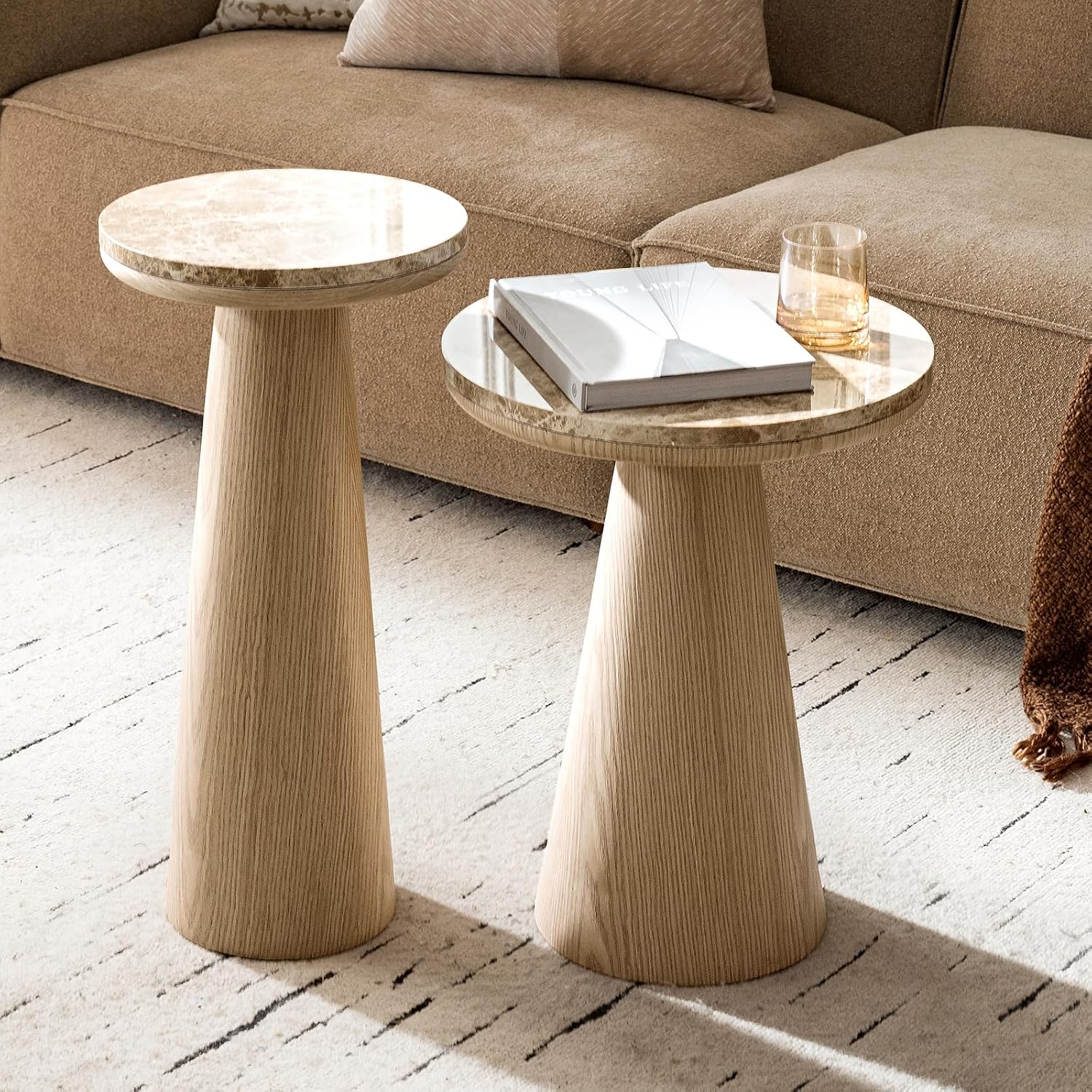 HULALA HOME Nesting End Tables Set of 2, Modern Side Tables with Genuine Marble Top and Oak Veneer Cone-Shaped Base, Sculptural Pedestal Accent Tables for Living Room and Bedroom, Oak