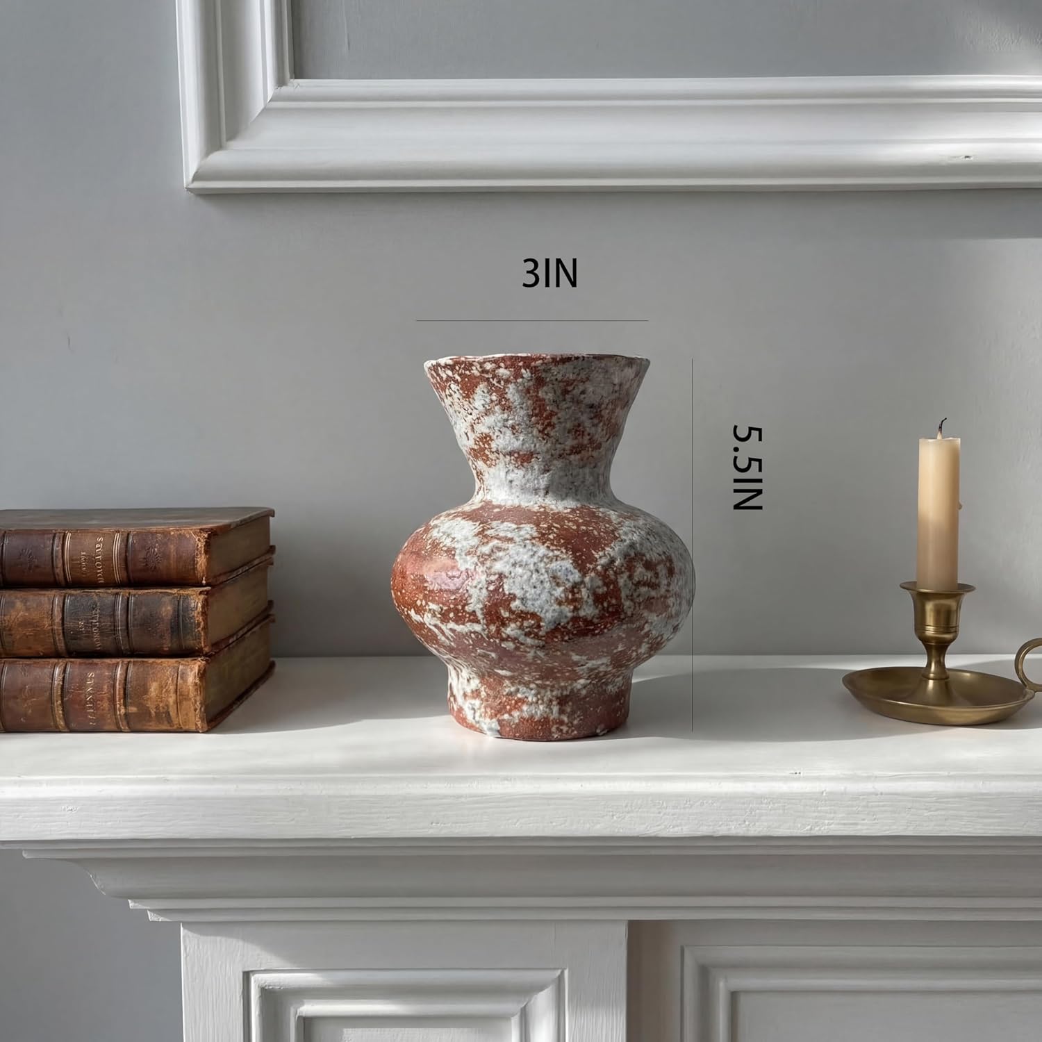 Rustic Ceramic Flower Vase for Home Decor, Handmade Vintage Stoneware Clay Pottery Terracotta Textured for Modern Farmhouse, Living Room, Office Desk Table Shelf (Dark Brown and White) 5.5IN