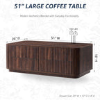 51" Fluted Coffee Table with 4 Drawers, Mid Century Modern Large Coffee Table with Storage, Rectangle Wood Center Table for Living Room, Dark Walnut