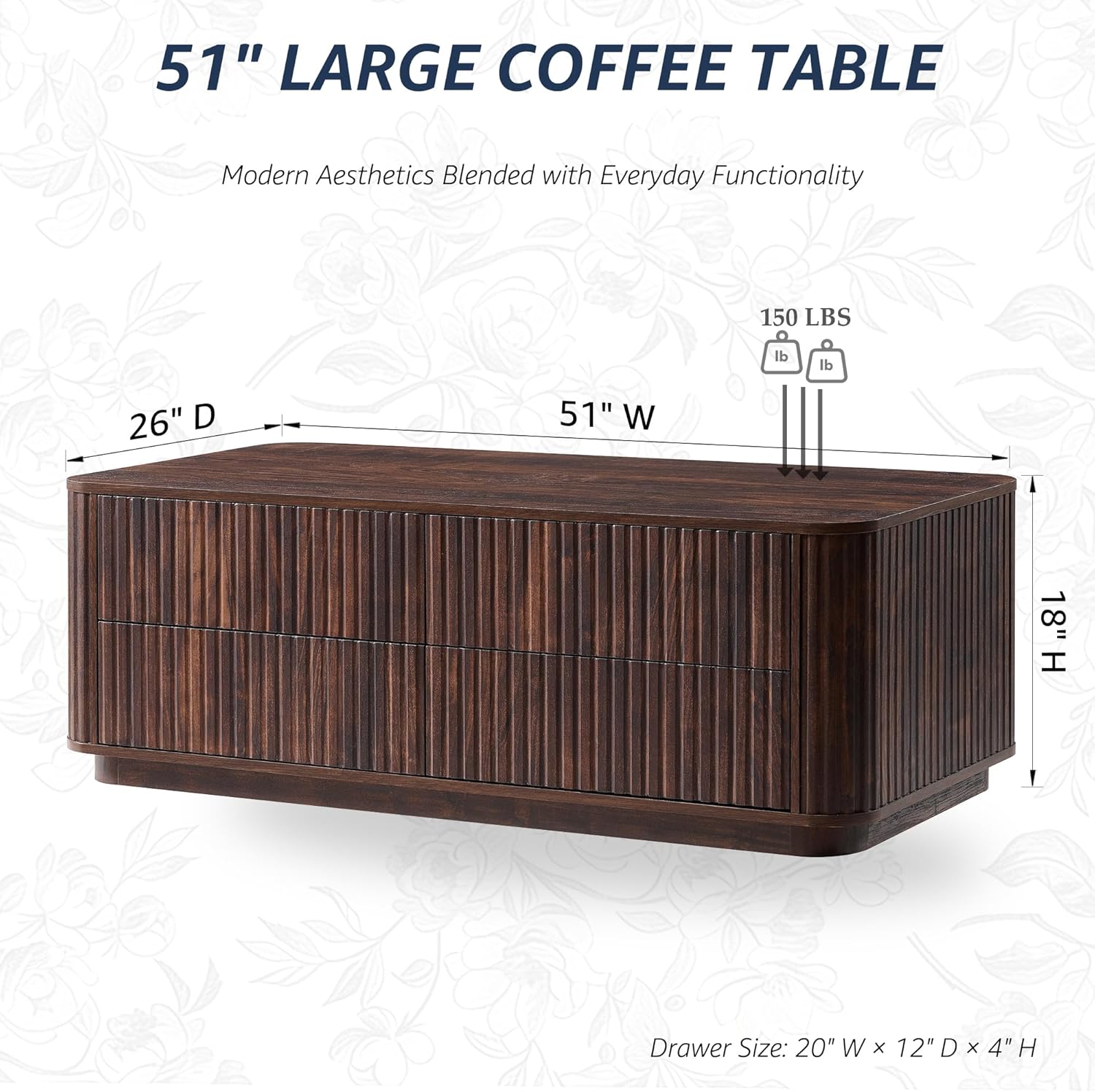 51" Fluted Coffee Table with 4 Drawers, Mid Century Modern Large Coffee Table with Storage, Rectangle Wood Center Table for Living Room, Dark Walnut