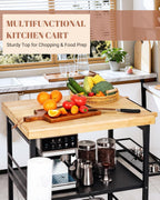 Mythinglogic Foldable Kitchen Cart with Wheels, Rolling Kitchen Island with Wood Top, 3-Tier Microwave Stand Coffee Bar Cart with Side Storage Rack, Black