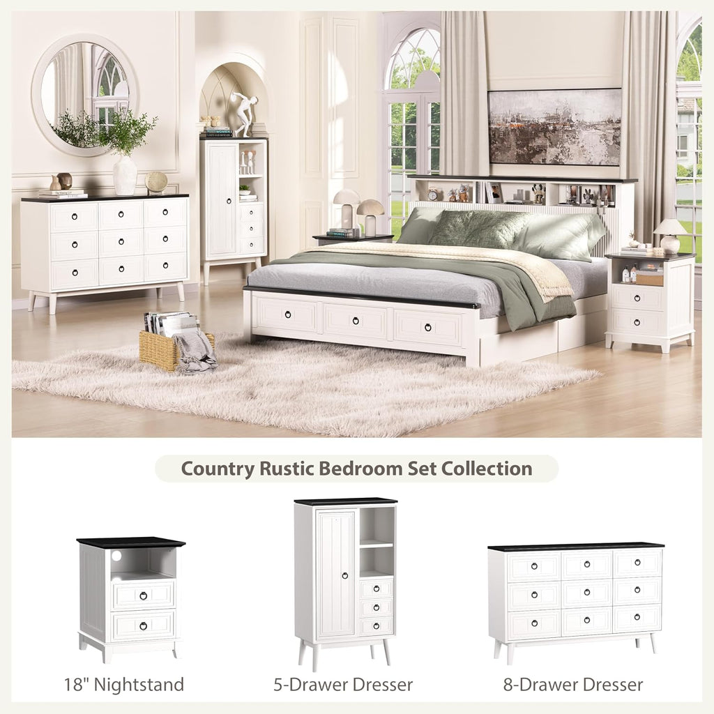 Farmhouse Nightstand, 24" Wooden Couch Side Table with 2 Drawers & Open Shelf, Rustic End Table for Bedroom & Living Room, Bedside Space-Saving Accent Storage Cabinet (White)