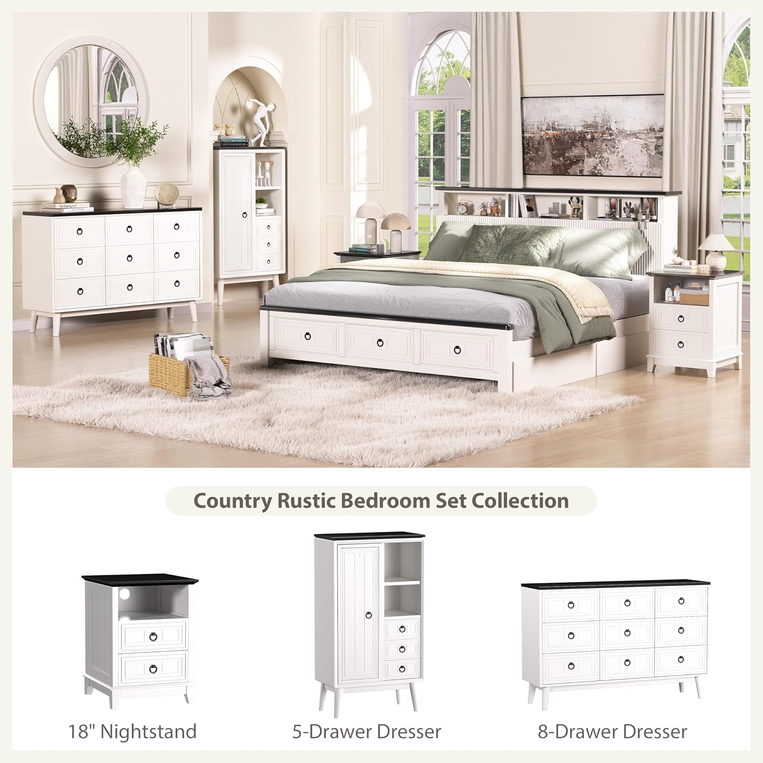 Farmhouse Nightstand, 24" Wooden Couch Side Table with 2 Drawers & Open Shelf, Rustic End Table for Bedroom & Living Room, Bedside Space-Saving Accent Storage Cabinet (White)