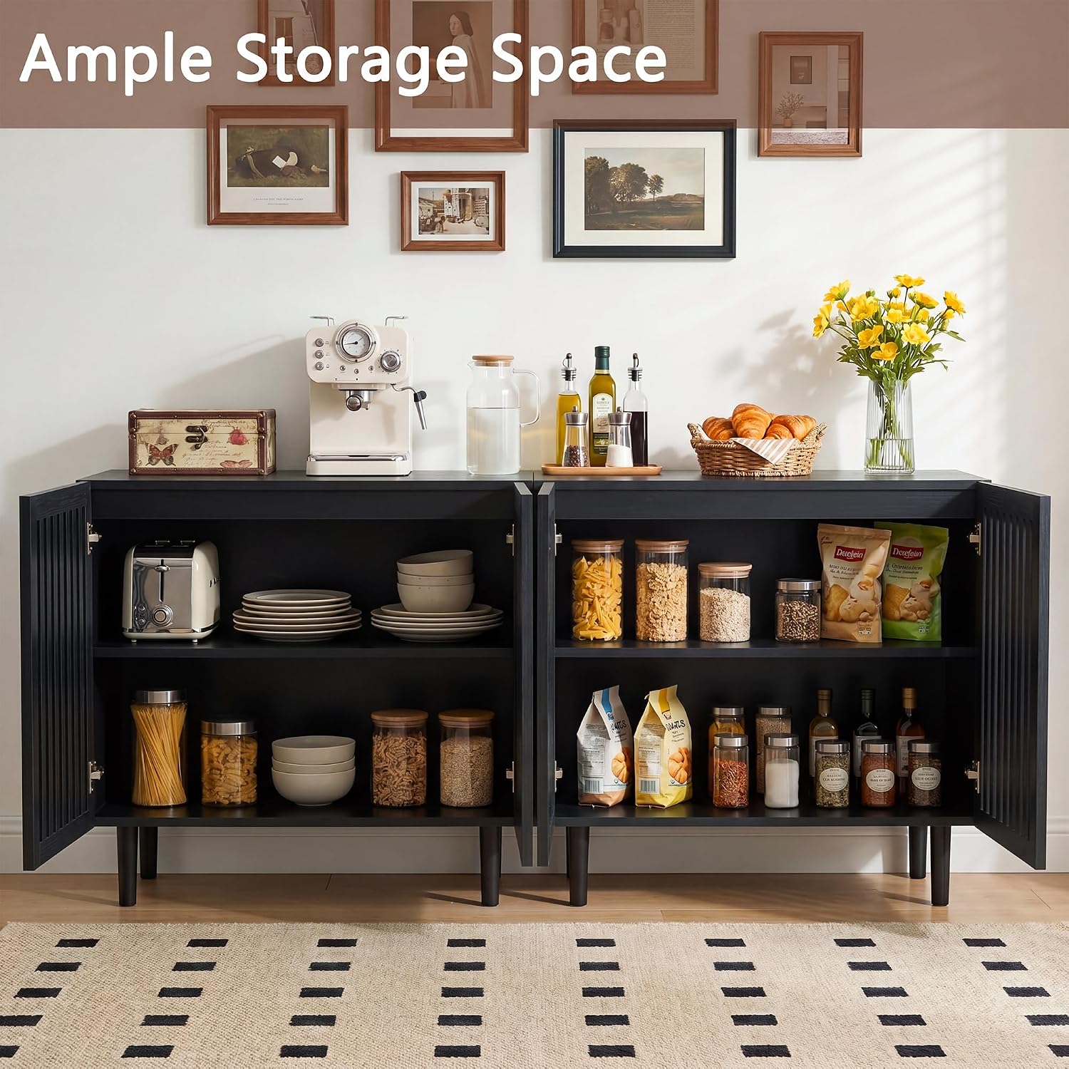 CHUWELL 31.5" Farmhouse Buffet Cabinet with Storage, Modern Black Sideboard Coffee Bar Cabinet with Grille-Striped Doors & Adjustable Shelf, Accent Storage Cabinet with Solid Wood Feet for Dining Room