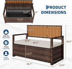 Outdoor Storage Bench with Cushion, 2-Seater PE Rattan Storage Box with Backrest & Armrests, 75 Gallon, 400 lbs Capacity Weatherproof Patio Bench for Garden, Balcony, Porch, Pool, Yard,Dark Brown