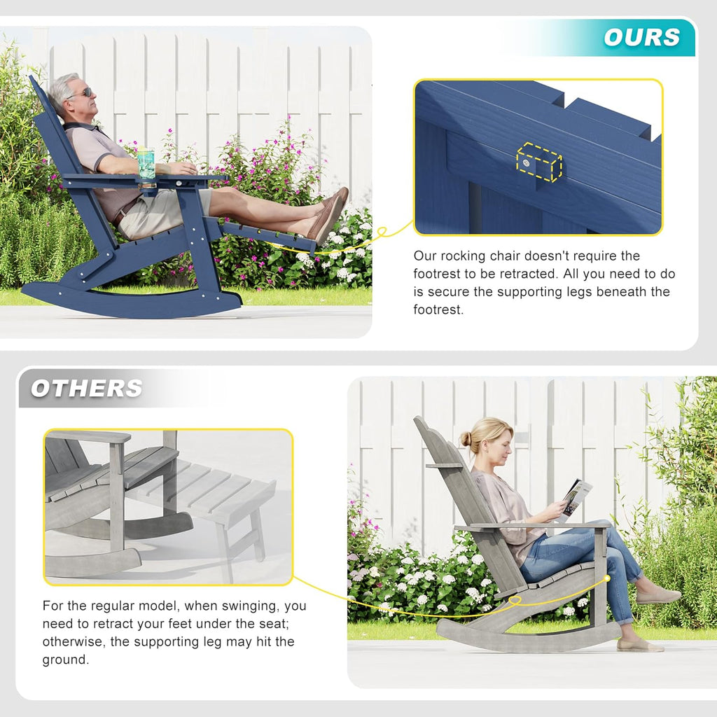 HDPE Adirondack Rocking Chair Set of 2, 4-in-1 Folding Design with Retractable Ottoman, Outdoor Adirondack Chair with 3-Position Adjustable Backrest & Cup Holder for Porch, Backyard, Pool, Navy Blue