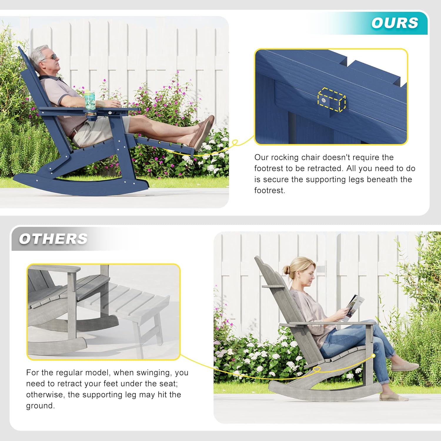 HDPE Adirondack Rocking Chair Set of 2, 4-in-1 Folding Design with Retractable Ottoman, Outdoor Adirondack Chair with 3-Position Adjustable Backrest & Cup Holder for Porch, Backyard, Pool, Navy Blue