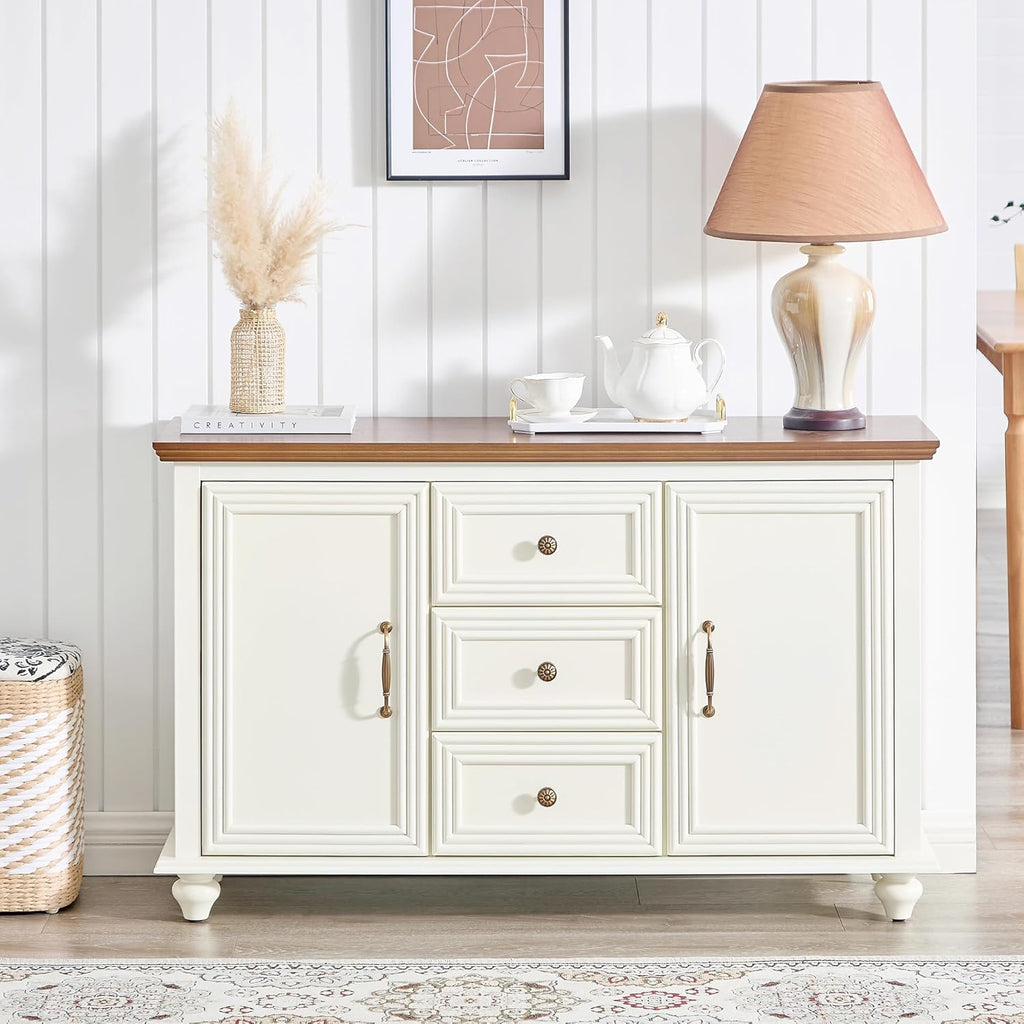 LKTART 47" Wood Sideboard Buffet Cabinet with Storage,Traditional Media Console with 2 Doors & 3 Drawers,Adjustable Shelves Credenza with Solid Wood Legs for Kitchen,Living Room,Brown+White