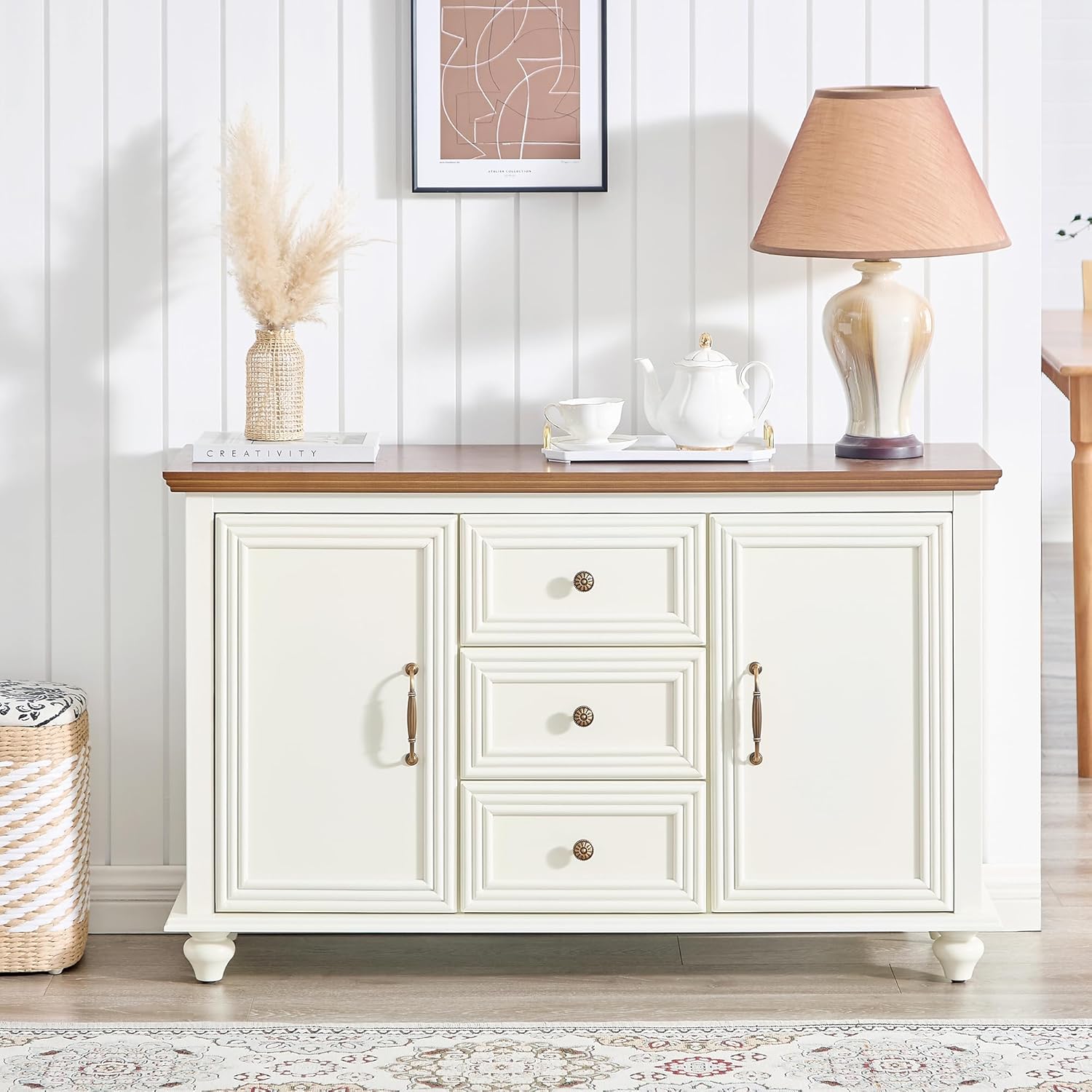 LKTART 47" Wood Sideboard Buffet Cabinet with Storage,Traditional Media Console with 2 Doors & 3 Drawers,Adjustable Shelves Credenza with Solid Wood Legs for Kitchen,Living Room,Brown+White