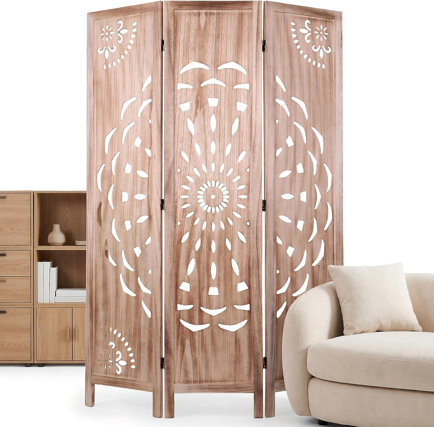 66.9 Inch Wood Room Divider Panel Boho-Styled 3 Panels Privacy Screen Indoor Boho Room Divider for Privacy Home Office & Patio