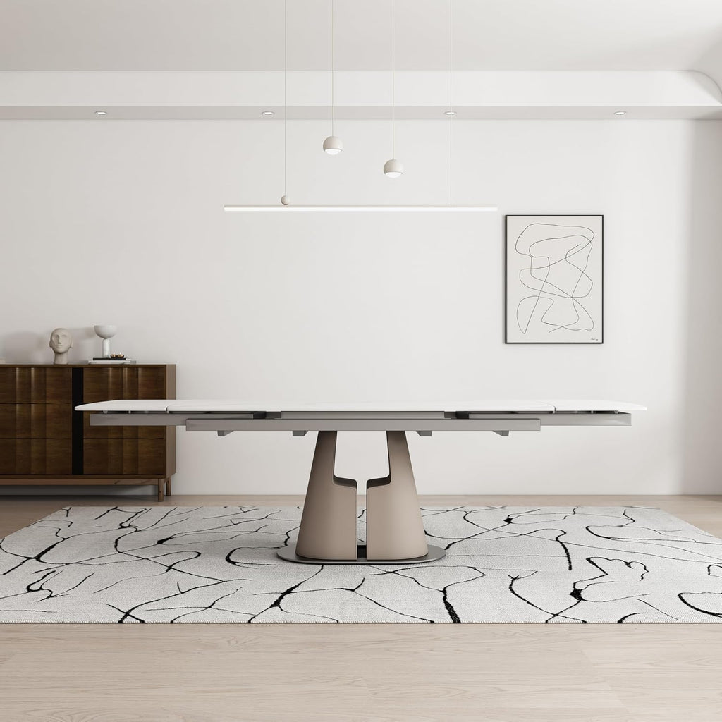 90" Extendable Dining Table – Sintered Stone Top, White, Seats 8-10, Telescopic Leaves, Leather Base, Modern Desig（Table Only