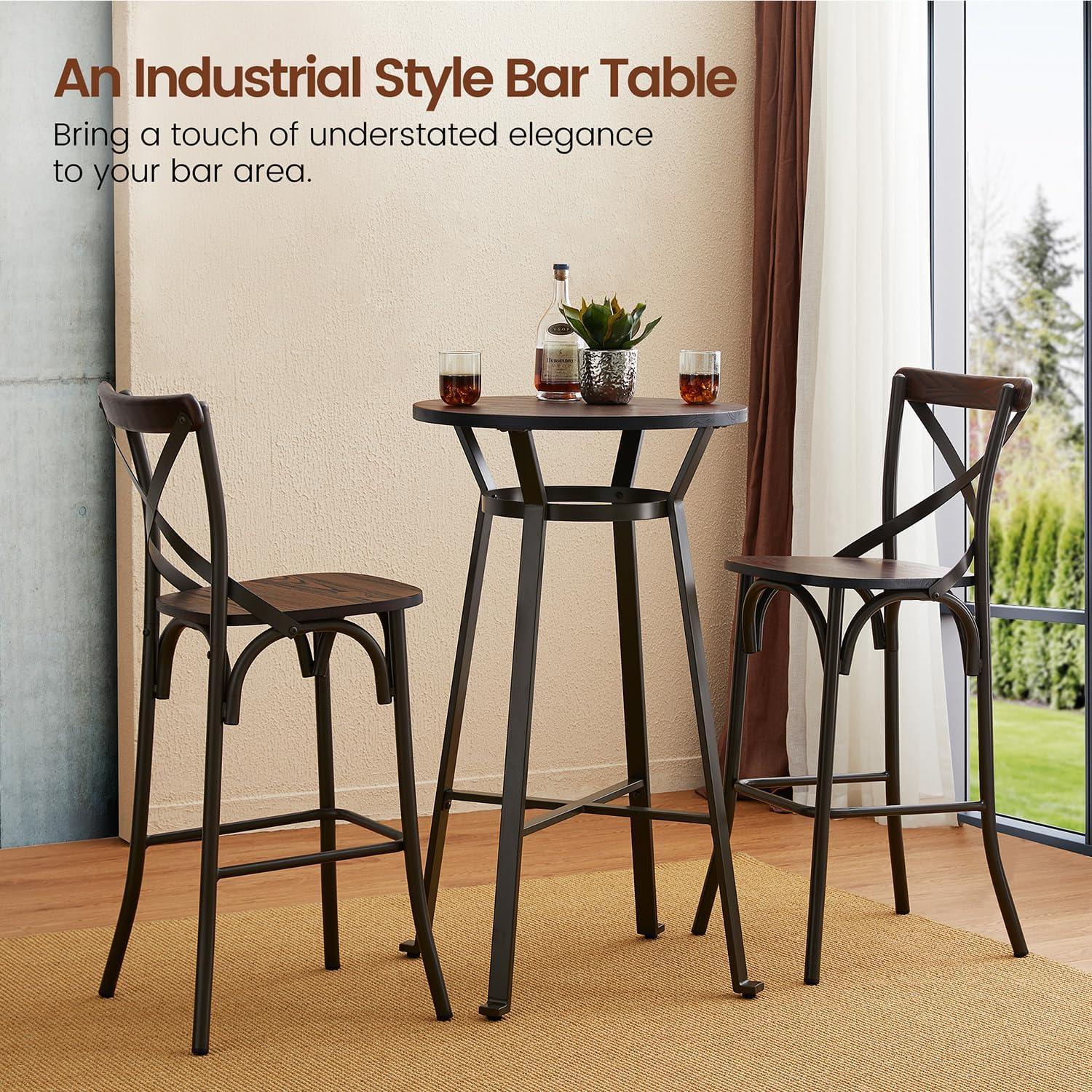 Glitzhome Round Bar Table, 41.25" H Wood Bistro Pub Table with Metal X-Leg Footrest, Rustic Kitchen Island Table for Dining Coffee Cocktail Living Room Small Space