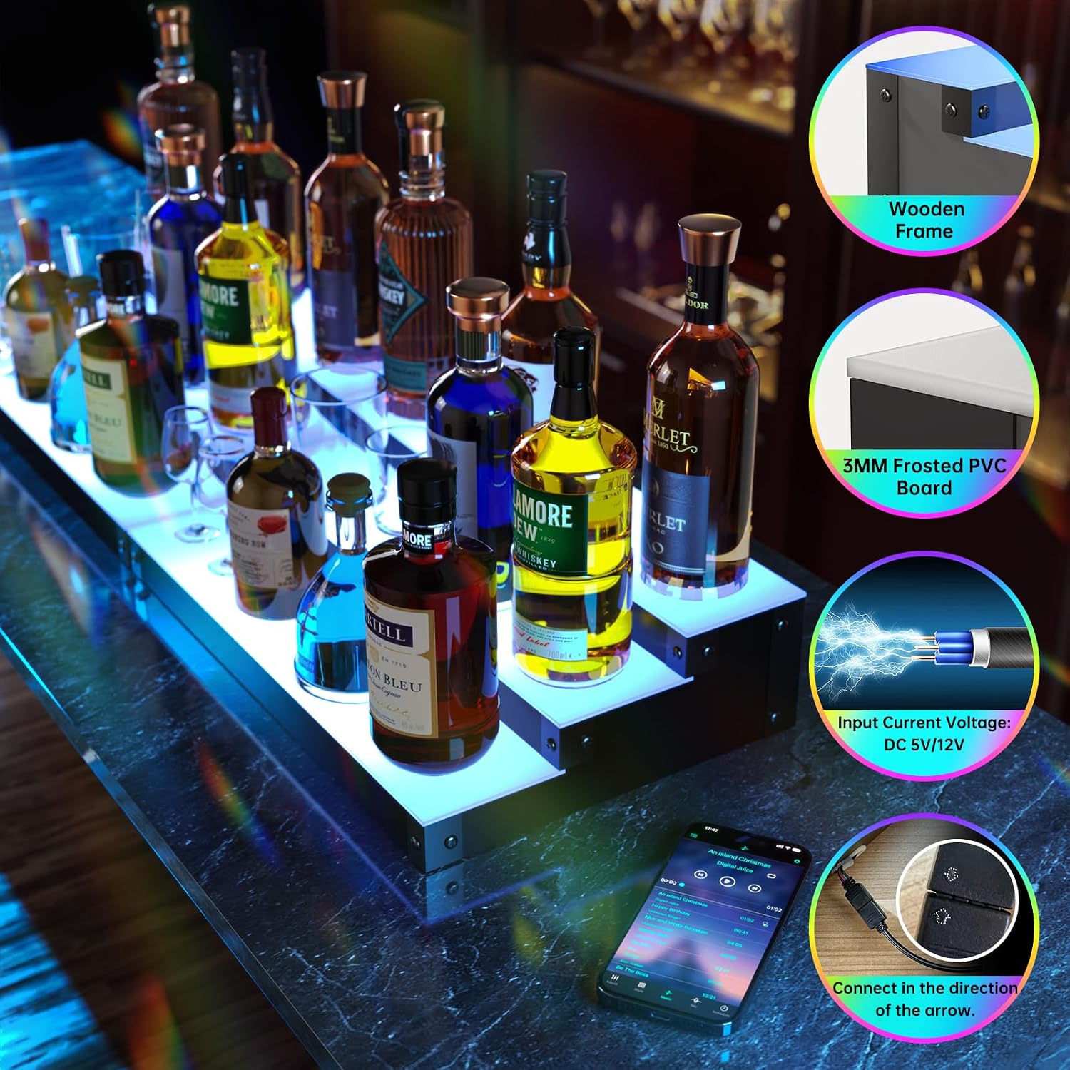 LED Illuminated Bar Bottle Display Rack, 3-Tier 32" Multi-Color Whiskey Rack, Tabletop Wine Rack Equipped with RF Remote Control and App Control Ideal Choice for Home Bar, Whiskey Lovers Gift