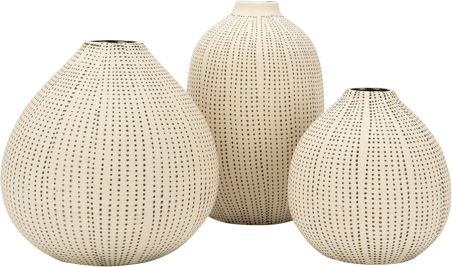 Creative Co-Op White Stoneware Vases with Textured Black Polka Dots (Set of 3 Sizes)