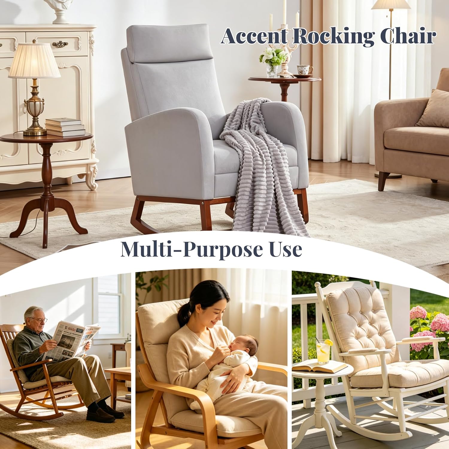 Rocking Chair Nursery High Back Glider Rocker Chair with Footrest Storage Pocket Accent Upholstered Rocker Armchair for Living Room Nursing Room Porch (Grey)