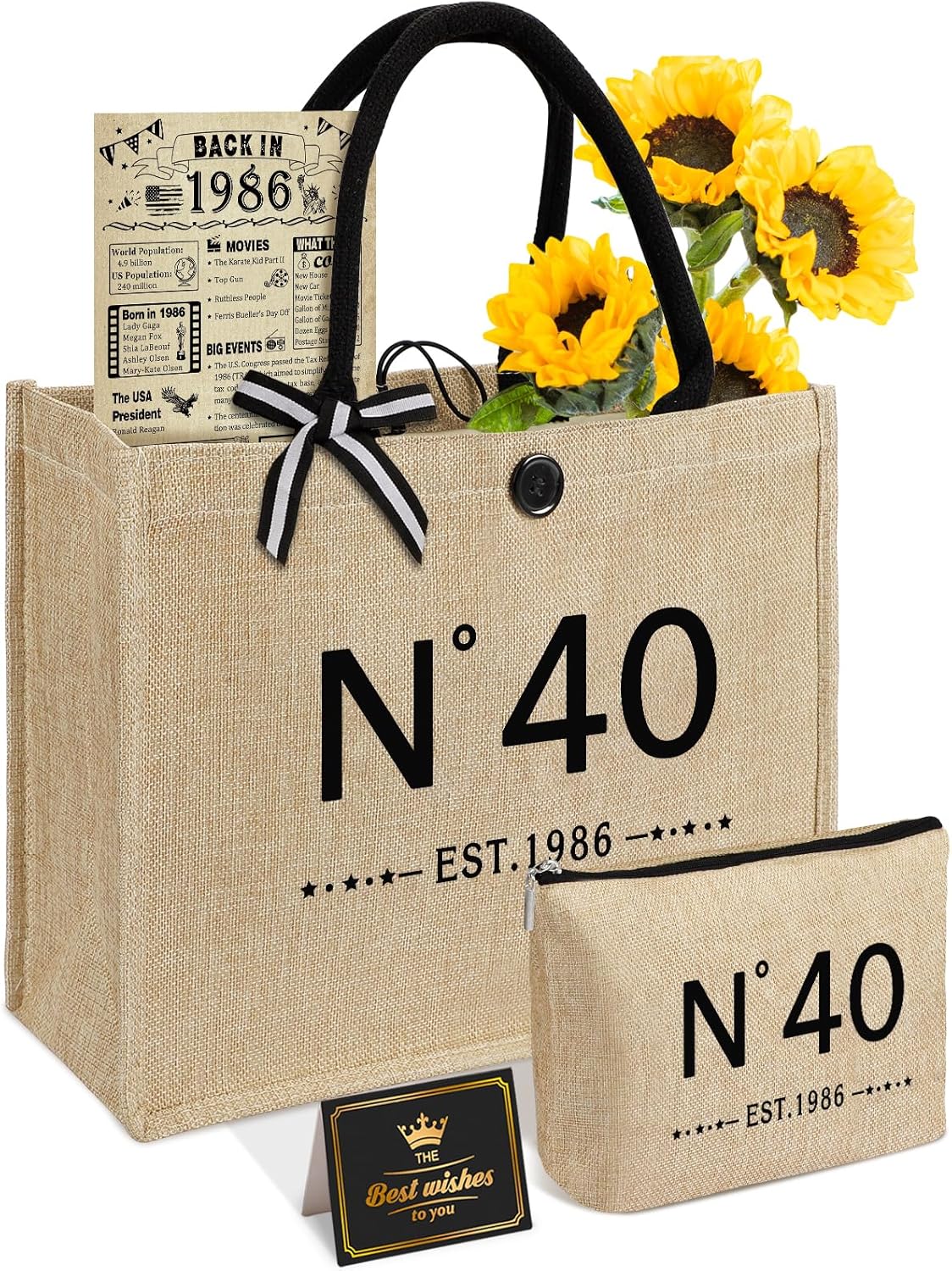 YeohJoy 40th Birthday Gifts for Women Jute Tote Bag, Vintage N°40 Burlap Handbag with Cosmetic Bag and Back in 1986 Poster, Unique 40 Years Old Gifts for Mom Wife Friends Sister Her
