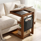 Byroce C Shaped End Table, Rolling Side Table with Adjustable Desktop, 4 Lockable Wheels, Storage Shelves & Edge Stopper, Modern Couch Tray Table for Sofa, TV, Living Room, Bedroom & Office (Brown)