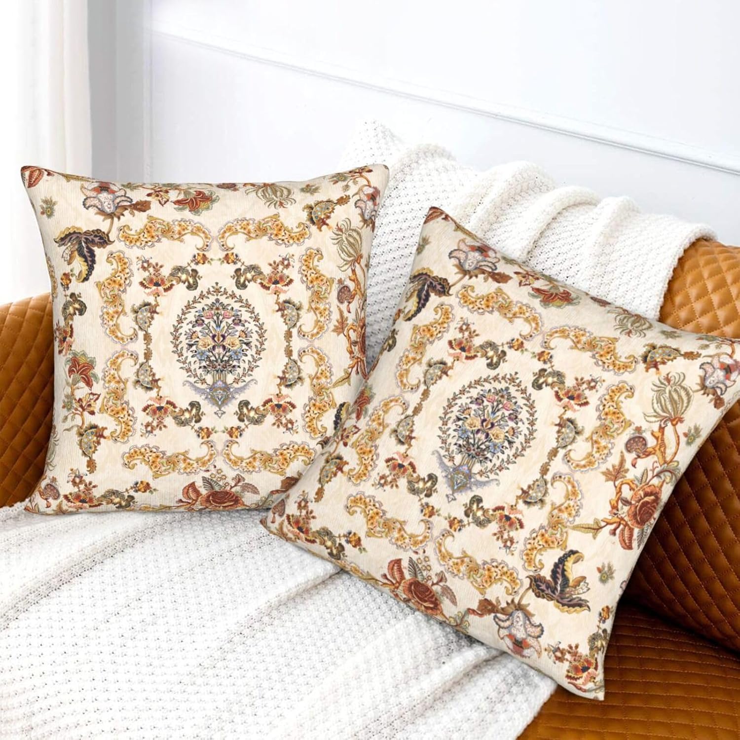 Vintage Floral Decorative Throw Pillow Cover 18x18 Inch Set of 2 Boho Flower Square Pillow Case Farmhouse Cushion Covers for Bed Sofa Living Room Car Home Deco