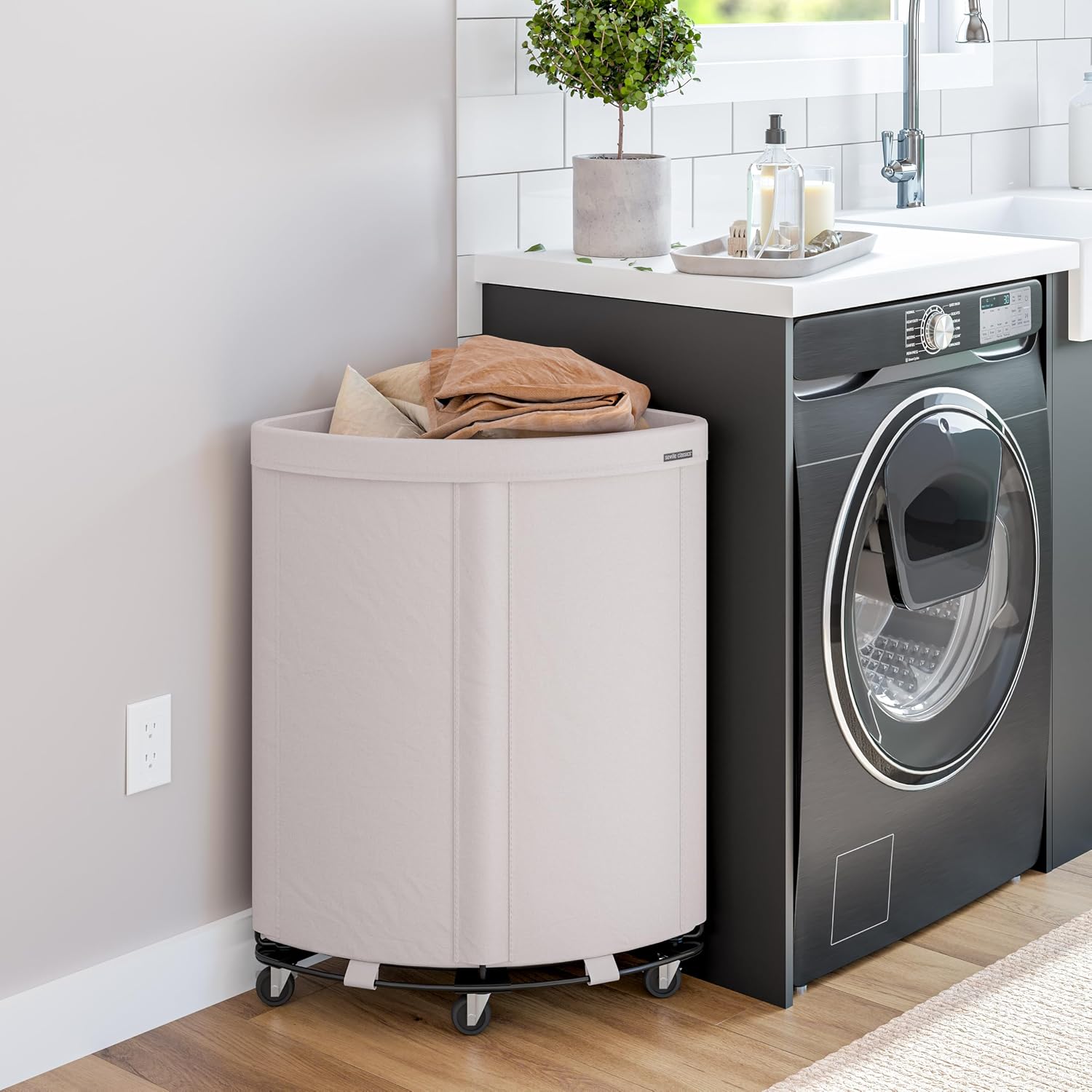 Seville Classics Large Commercial Heavy Duty Rolling Steel Frame Laundry Hamper Canvas Cart Bin, w/Wheels for Hotel, Home, Closet, Bedroom, Natural White, Corner 17.7” D x 24.0” W