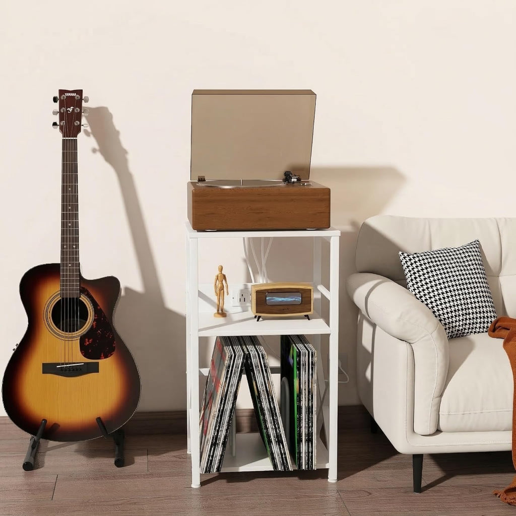 DALEMHOME Record Player Stand with Charging Station, 3-Tier Side Table for 100 Vinyl Storage, End Table for Living Room, Bedroom, White HKET1001WT