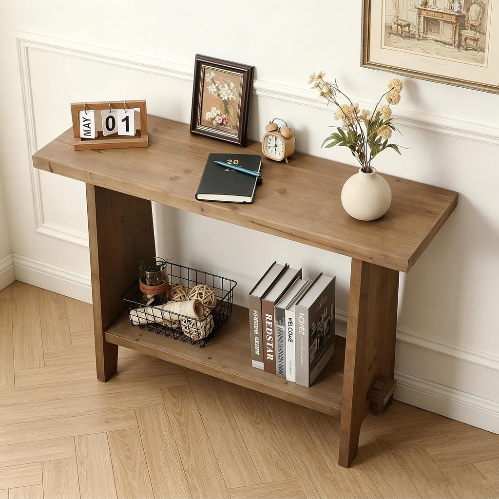 HOKYHOKY Wood Console Table for Entryway, 43.3" Farmhouse Entryway Table with Storage Shelf, Solid Wood Tabletop Rustic Narrow Skinny Sofa Table for Living Room, Hallway, Entryway, Foyer, Brown