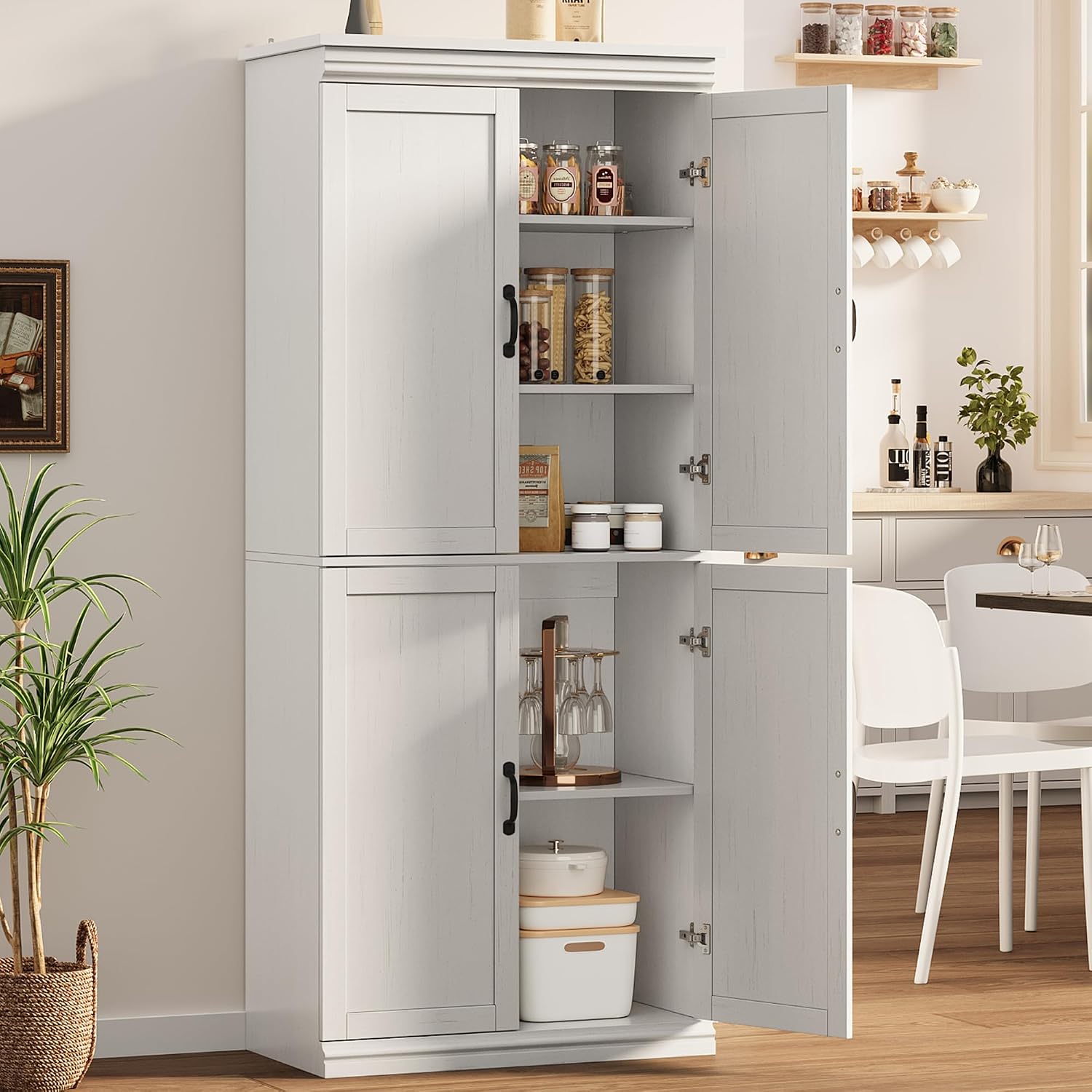 GarveeHome Pantry Cabinet, Freestanding Kitchen Pantry Storage Cabinet,70 in Cupboard, Tall Storage Cabinet with Doors and Adjustable Shelves, for Bathroom, Dining Room, Living Room, Antique White