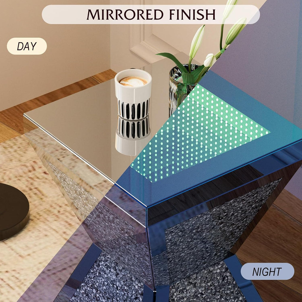 IKIFLY Mirrored Nightstand Set of 2, LED End Table with Irregular Base, Silver Accent Beside Table with Crushed Diamond for Living Room, Bedroom and Office (Remote Control Included)