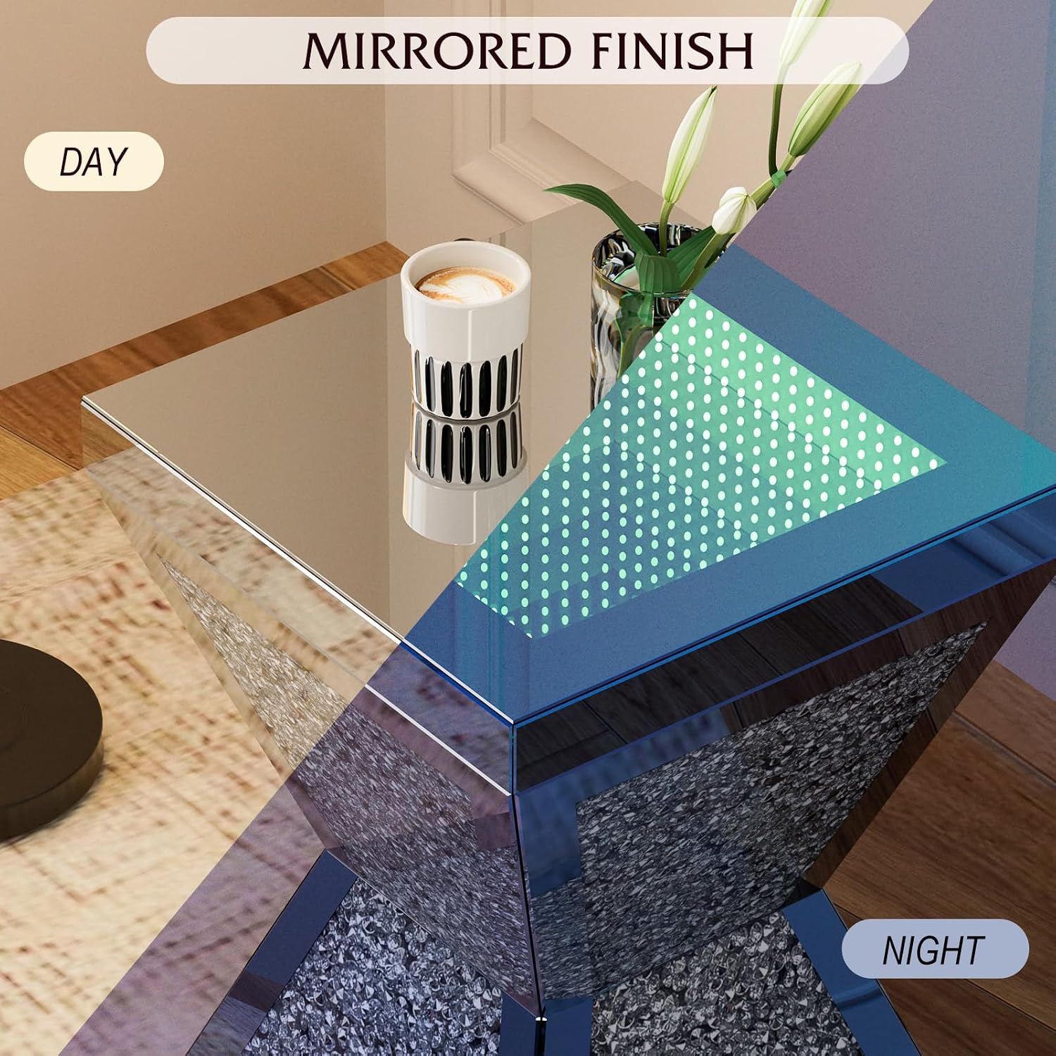 IKIFLY Mirrored Nightstand Set of 2, LED End Table with Irregular Base, Silver Accent Beside Table with Crushed Diamond for Living Room, Bedroom and Office (Remote Control Included)