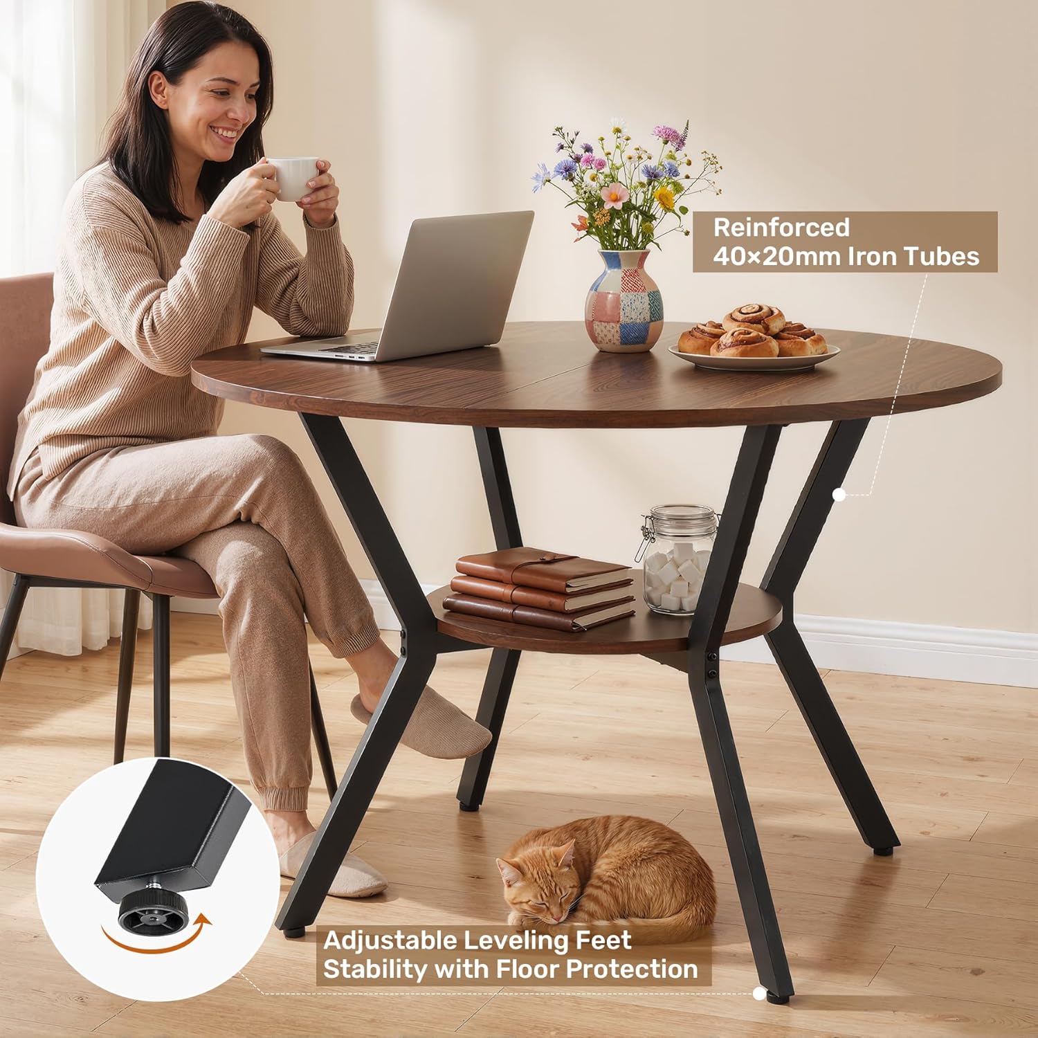 Miereirl 42.13" 5-Piece Round Dining Table Set for 4, Kitchen Table Set with 4 Upholstered Chairs and Storage Shelf, Dining Room Furniture Set for Apartment, Small Spaces
