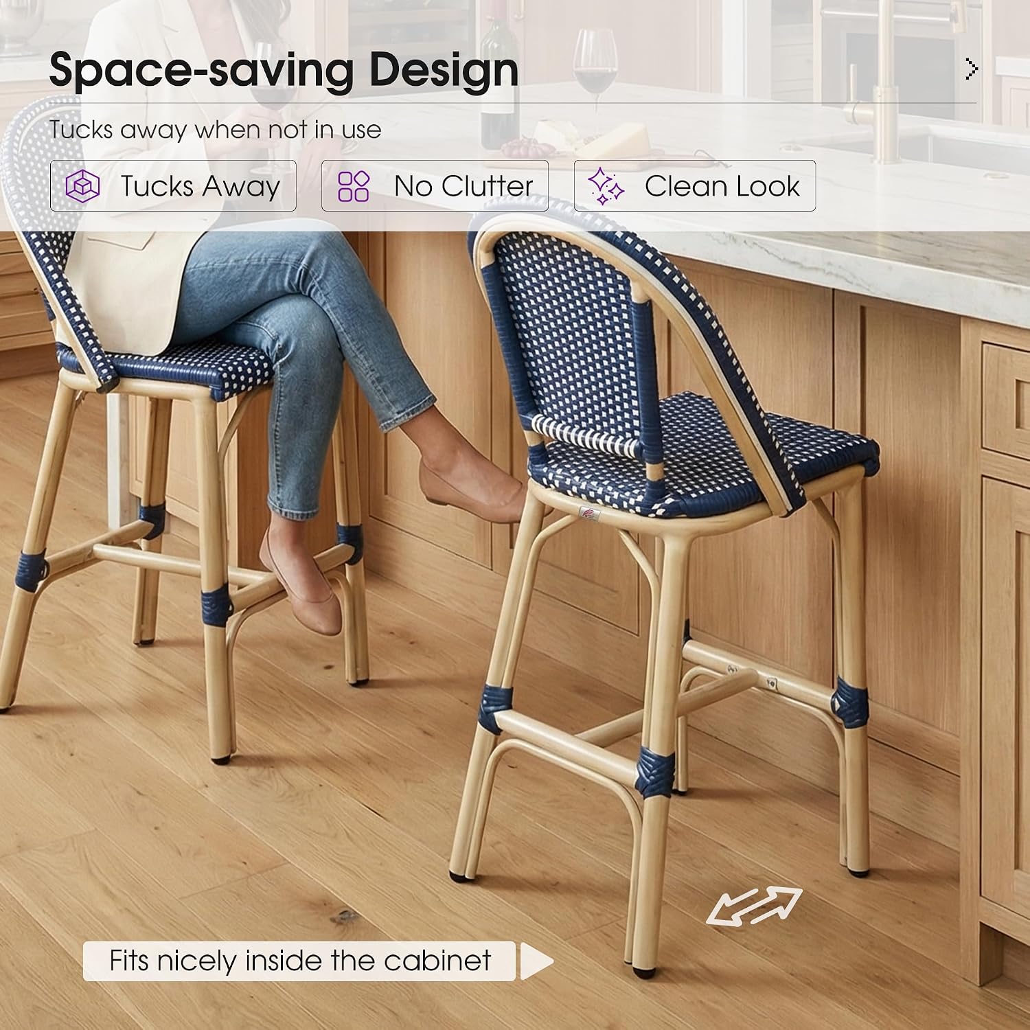 PURPLE LEAF Patio French Counter Height Stool Set of 2 Outdoor Backrest Barstools Aluminum Frame in Champagne Finish Woven Rattan for Indoor Kitchen Garden Balcony Restaurant Navy Blue
