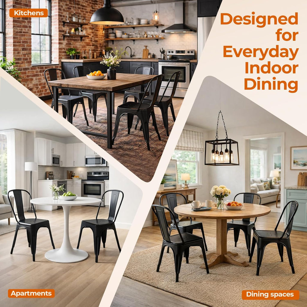 Metal Dining Chairs Set of 2 Iron Stackable Indoor Metal Chair,Easy Clean,Industrial/Kitchen Dining Room/Apartment/Matte Midnight Black