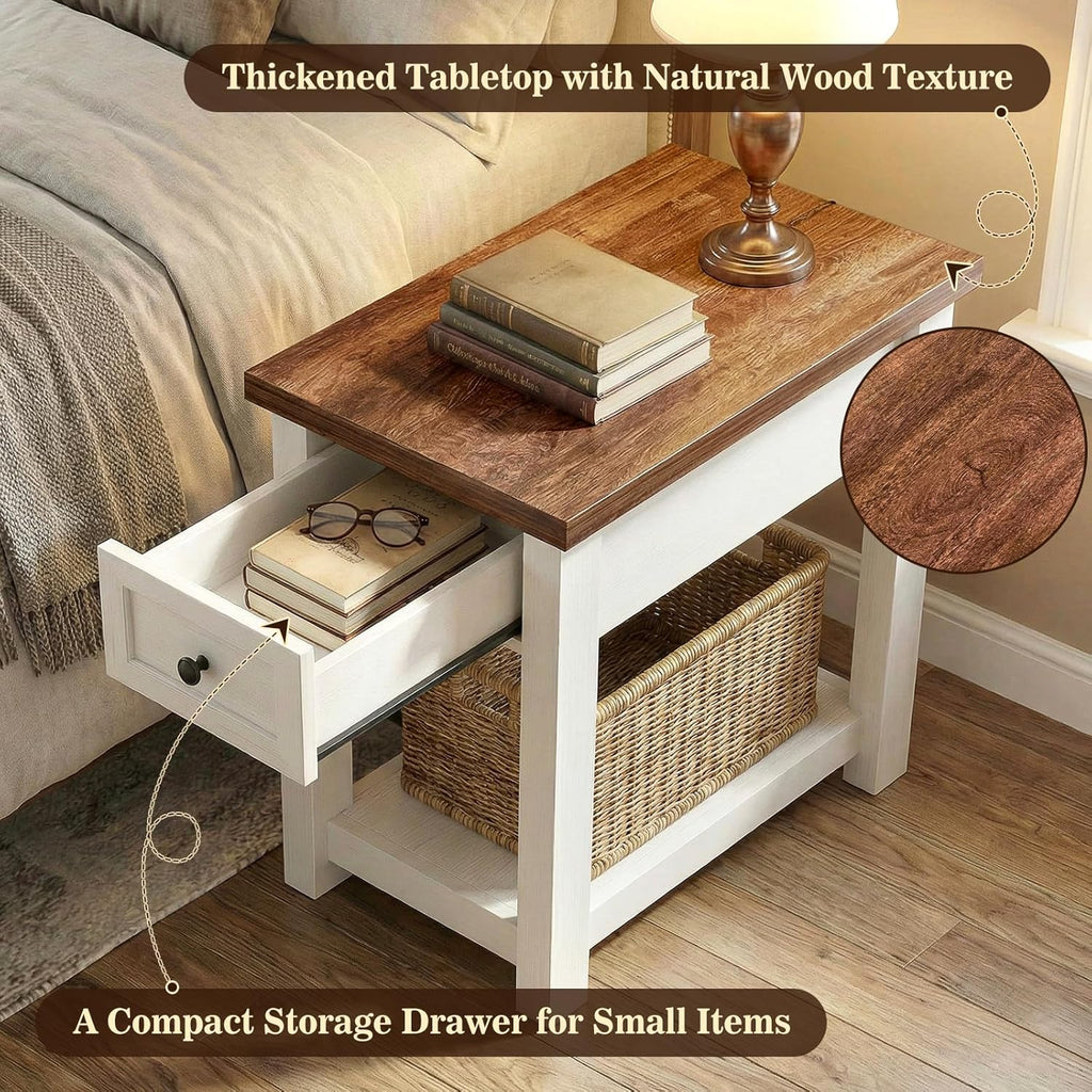 Narrow End Table with Charging Station - Farmhouse Side Table with Drawer, 14" Wide Wood Nightstand Slim Couch Bedside Table for Living Room Bedroom Small Spaces, 2-Tone Antique White & Brown