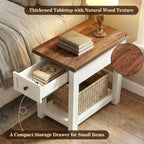 Narrow End Table with Charging Station - Farmhouse Side Table with Drawer, 14" Wide Wood Nightstand Slim Couch Bedside Table for Living Room Bedroom Small Spaces, 2-Tone Antique White & Brown