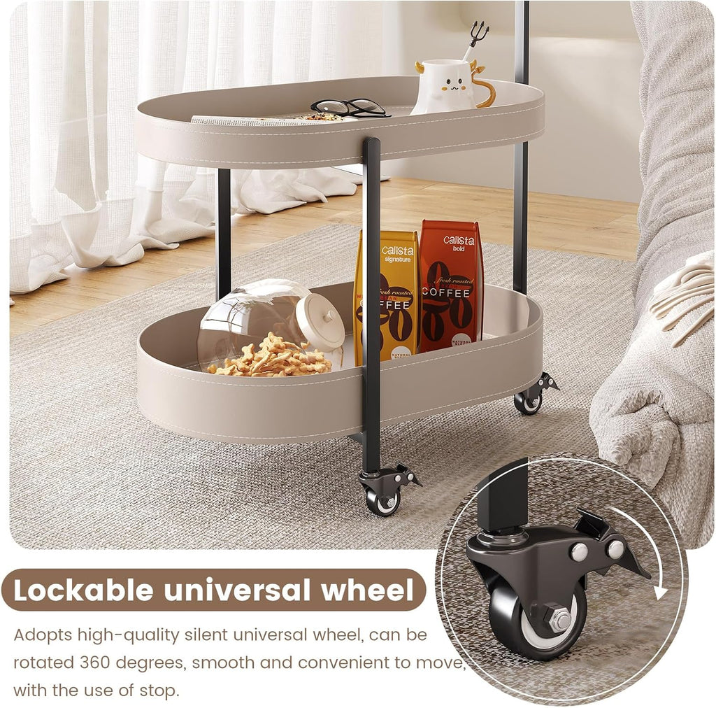 Oval Mobile Side Table with Lockable Wheels,Modern 2-Tier Storage Bedside Table,End Table for Living Room, Bedroom, Small Space,Easy Assembly