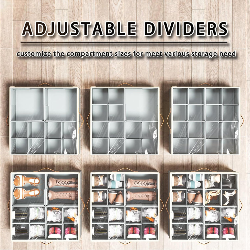 Shoe Organizer for Closet, 2 Pack Foldable Shoe Storage Organizer Box Bin with Adjustable Dividers and Clear Cover, Fits up to 16-32 Pairs（Grey&Beige）