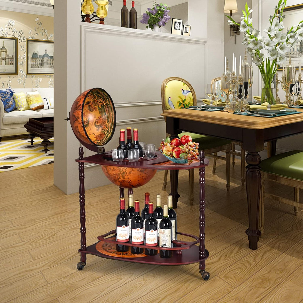 Goplus Globe Bar, 34.5” Globe Bar Liquor Cabinet with Wheels, Bottom Shelf, Old World Map, 16th Century Italian Replica Bar Globe, Retro Wine Stand, Globe Bar Cart for Dining Room Living Room Home