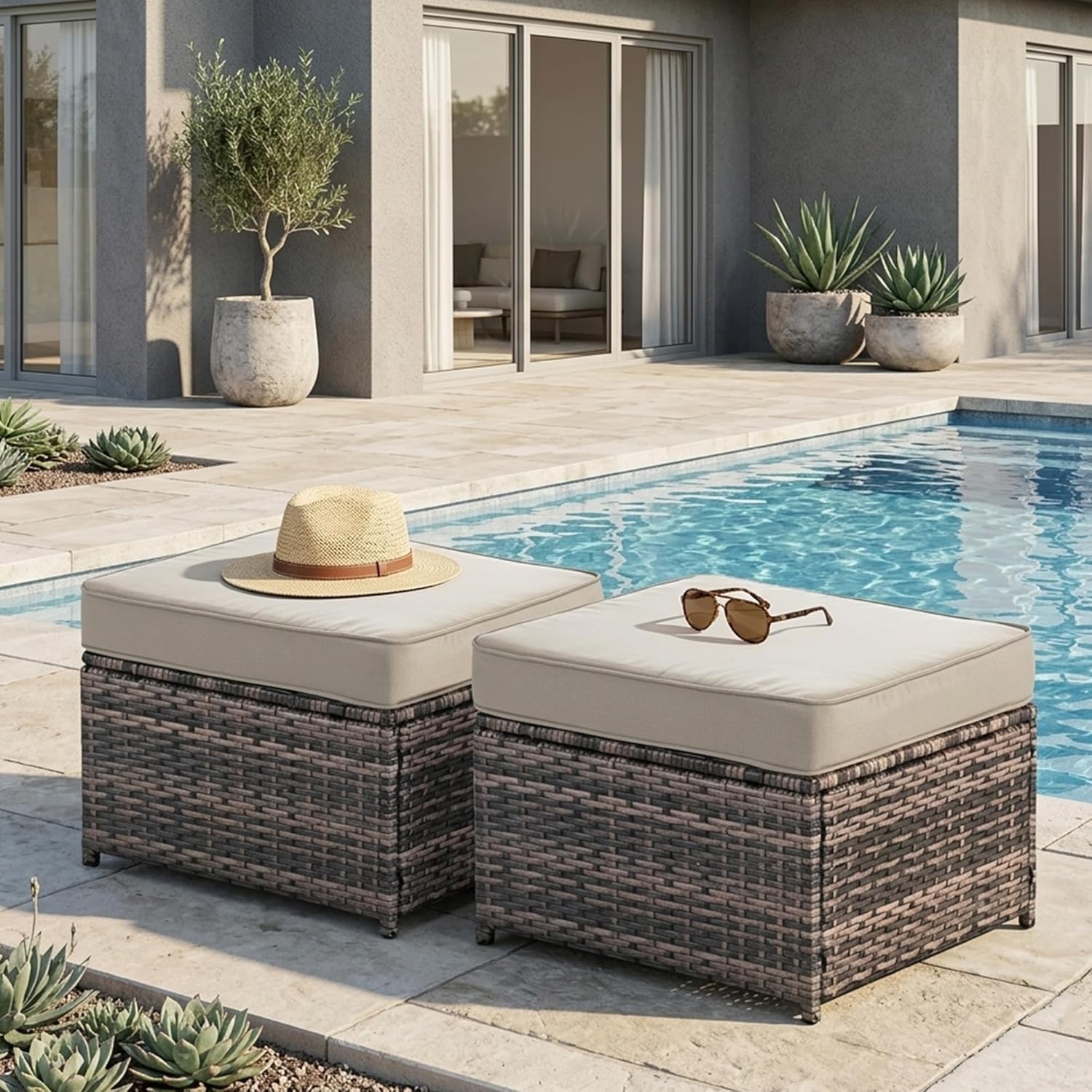 2 Piece Patio Sofa Ottomans with 4.3" Thick Cushions, Wicker Outdoor Couch Extension Set, All-Weather Rattan Seating Accessory for Backyard Furniture,Beige