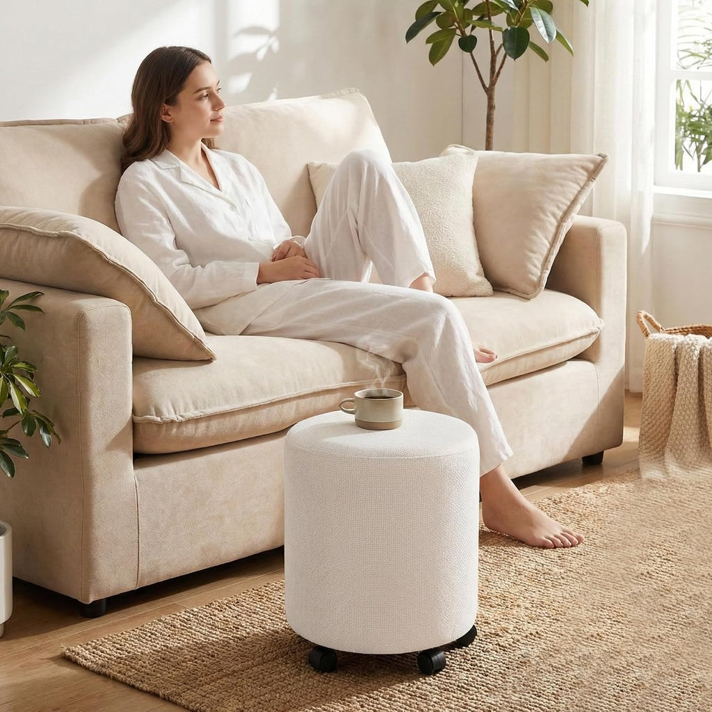 Get Set Style Ottoman with Wheels, Rolling Vanity Stool for Makeup, Upholstered Vanity Rolling Chair Footrest Round Ottoman Foot Stool for Living Room, Bedroom Beige