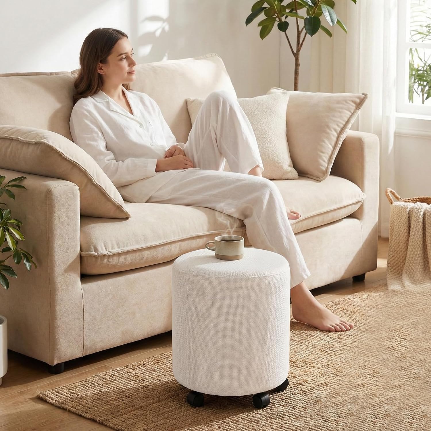 Get Set Style Ottoman with Wheels, Rolling Vanity Stool for Makeup, Upholstered Vanity Rolling Chair Footrest Round Ottoman Foot Stool for Living Room, Bedroom Beige