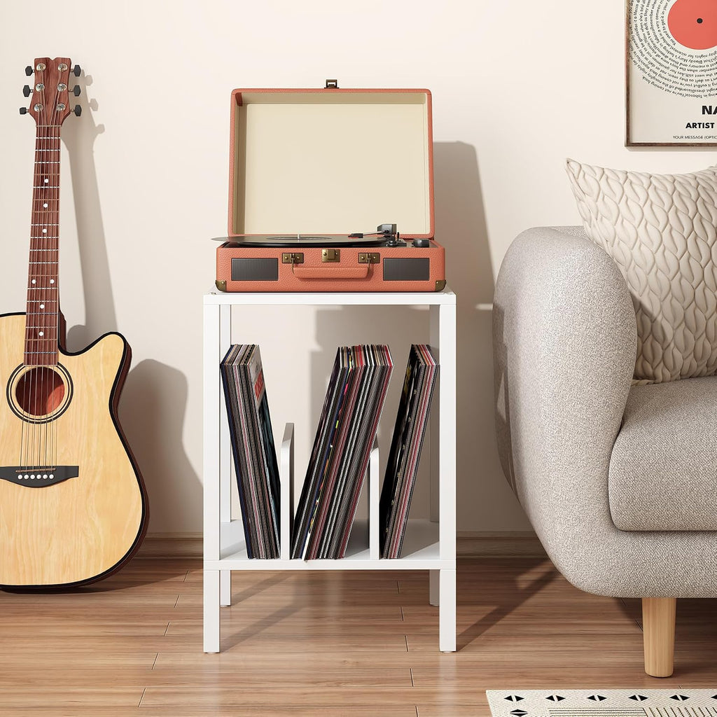 TUTOTAK 2-Tier End Table,Record Player Stand with Vinyl Record Storage up to 100 Albums,Multi-Functional Side Table for Living Room, Bedroom, White TB01BW070