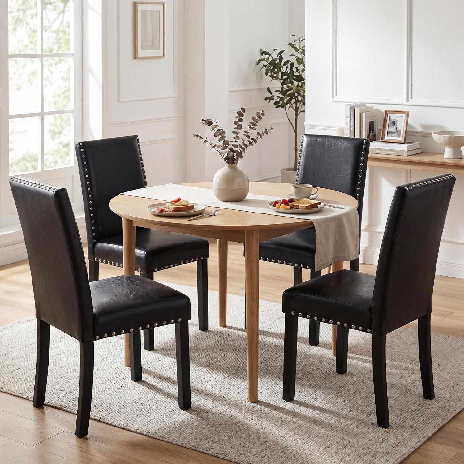 Giantex Black Dining Chairs Set of 4, Faux Leather Upholstered Parsons Kitchen Chairs with Solid Rubber & Bent Wood Legs, Thick Padded Seat, Armless Side Chairs for Living Dining Room Restaurant