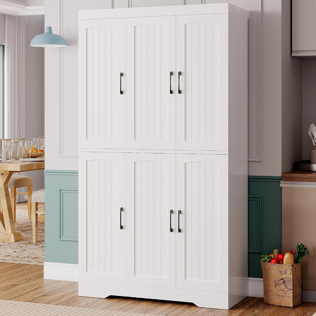 IRONCK Kitchen Pantry Storage Cabinet, Modern Food Pantries with 12 Shelves, 2 Door Racks, Adjustable Shelves, Freestanding Cupboard for Kitchen, Dining Room, White