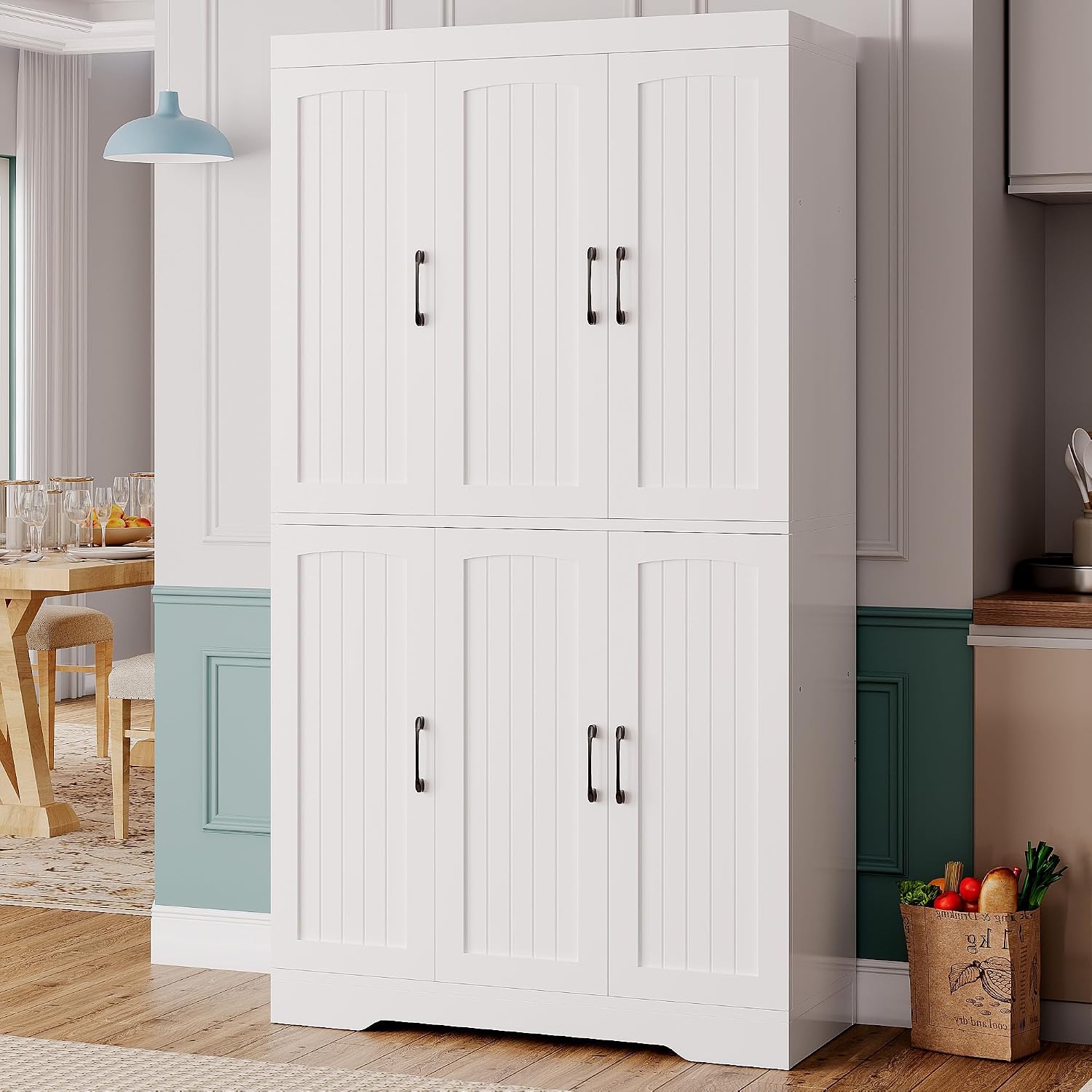 IRONCK Kitchen Pantry Storage Cabinet, Modern Food Pantries with 12 Shelves, 2 Door Racks, Adjustable Shelves, Freestanding Cupboard for Kitchen, Dining Room, White